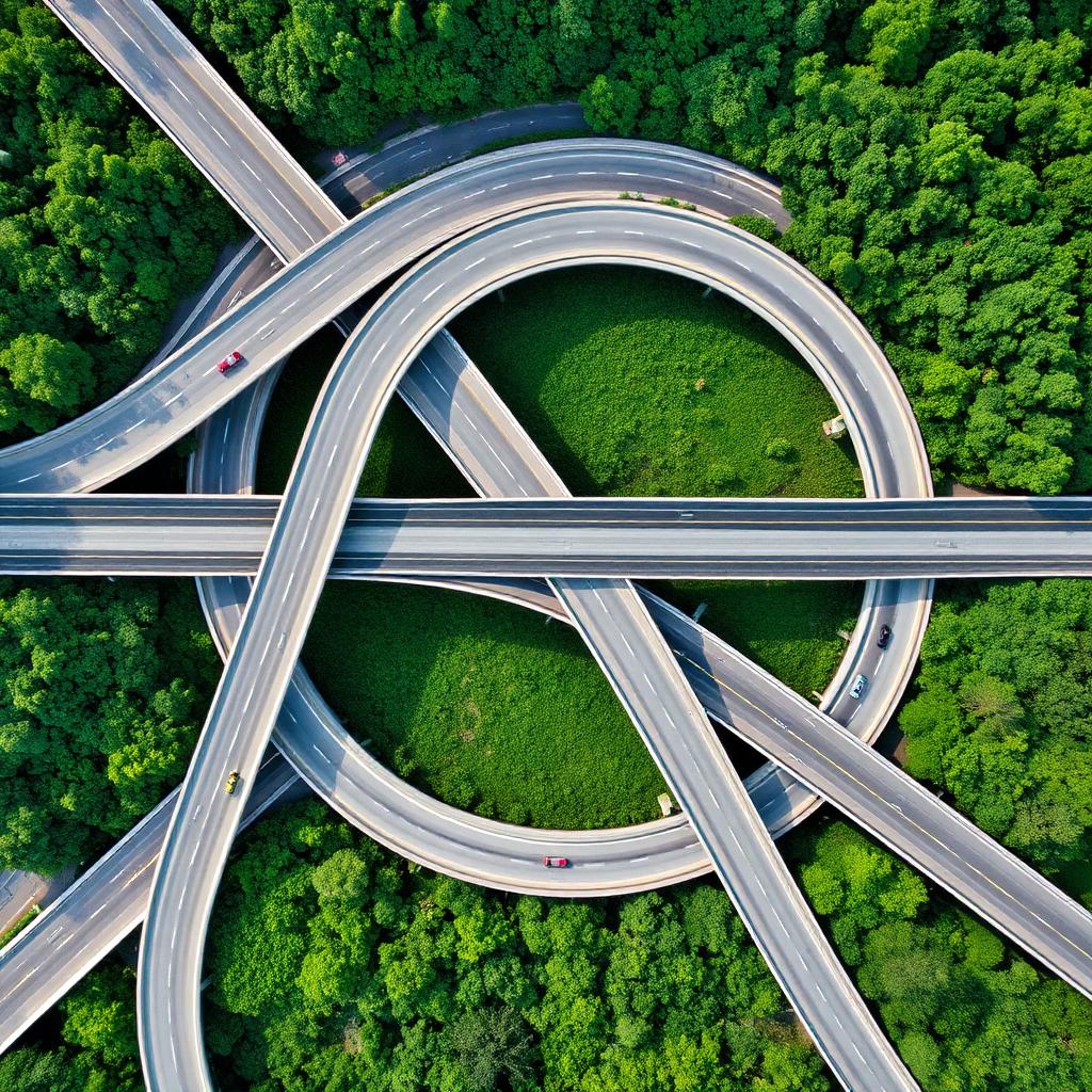 Vue aérienne d'un échangeur autoroutier symbolisant la coopération entre directions