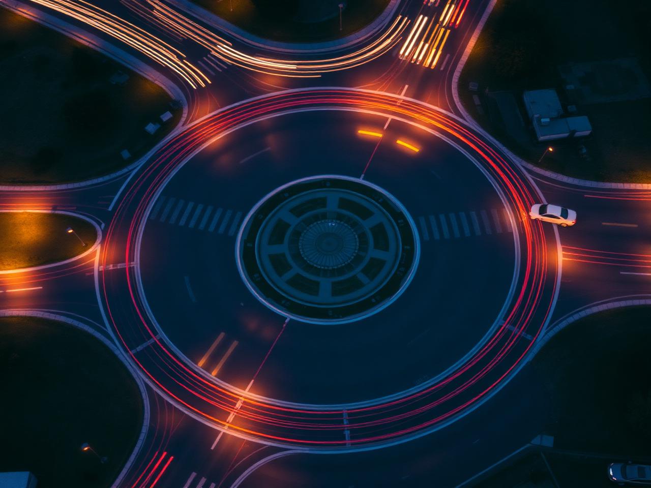 Vue aérienne d'un rond-point au crépuscule symbolisant le flux et la coordination
